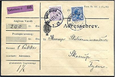 15 øre og 20 øre Chr. X på adressebrev for værdipakke fra Kjøbenhavn d. 18.5.1917 til Skaarup Fyn.