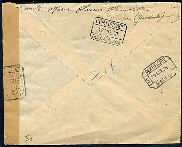15 cts,. (2) og 30 cts. (2) på anbefalet brev fra Fareja d. 18.1.1938 via Guadalajara og Madrid til Bloemendaal, Holland. Åbnet af lokal spansk censur.