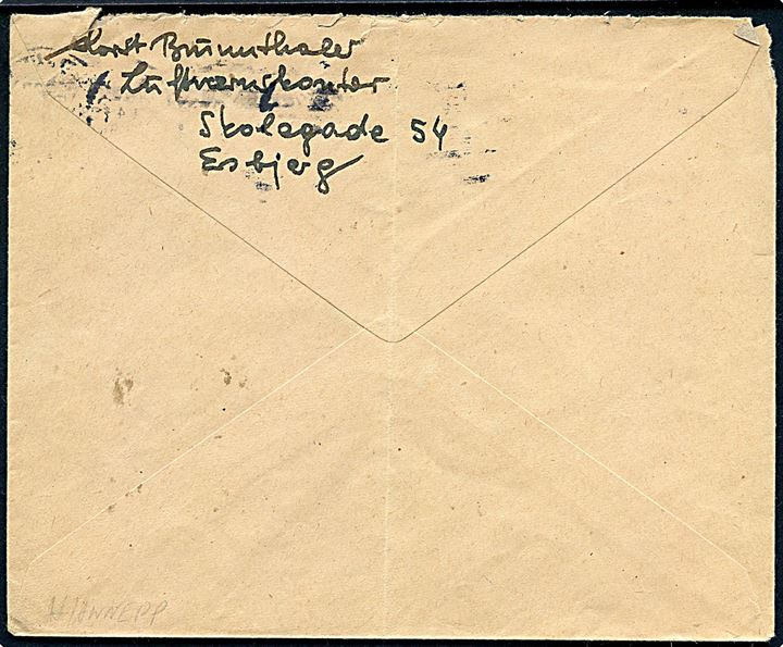 Ufrankeret brev påskrevet Portofri Interneretpost fra Esbjerg d. 24.2.1946 til København. På bagside afs.: Kurt Brunnthaler, Luftværnskontoret, Skolegade 54, Esbjerg.
