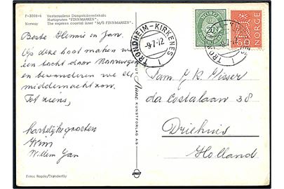 20 øre og 60 øre på brevkort (M/S Finnmarken, Vesteraalens Dampskibsselskab) annulleret med sejlende bureaustempel Trondheim - Kirkenes I d. 9.7.1972 til Driehuis, Holland. 