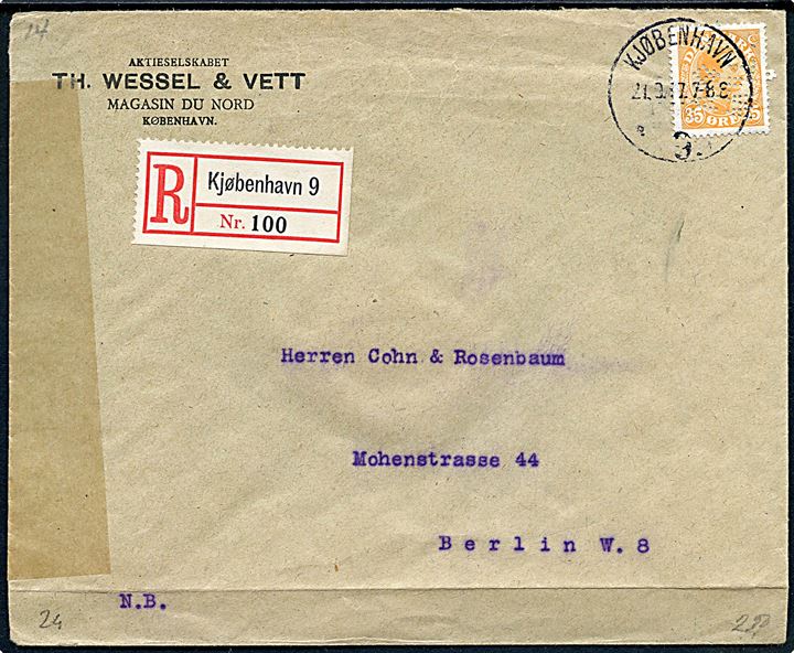 35 øre Chr. X med perfin Th.W. & V. på anbefalet firmabrev fra Th. Wessel & Vett (Magasin du Nord) i Kjøbenhavn d. 21.9.1917 til Berlin, Tyskland. Åbnet af tysk censur i Berlin.