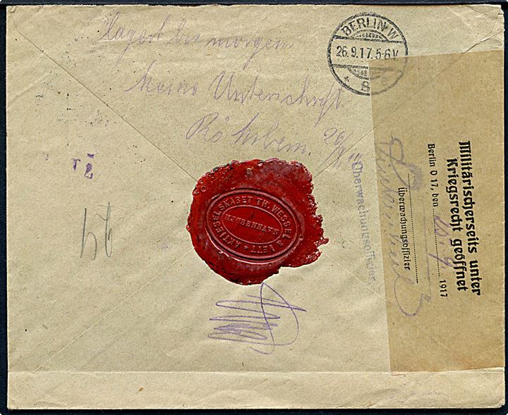 35 øre Chr. X med perfin Th.W. & V. på anbefalet firmabrev fra Th. Wessel & Vett (Magasin du Nord) i Kjøbenhavn d. 21.9.1917 til Berlin, Tyskland. Åbnet af tysk censur i Berlin.