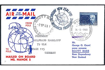 60 øre Niels Bohr på luftpostbrev fra Dundas d. 18.8.1969 via Scott Base Ross Dependency d. 2.9.1969 til Ulm, Tyskland. Sjovt Pol til Pol brev.