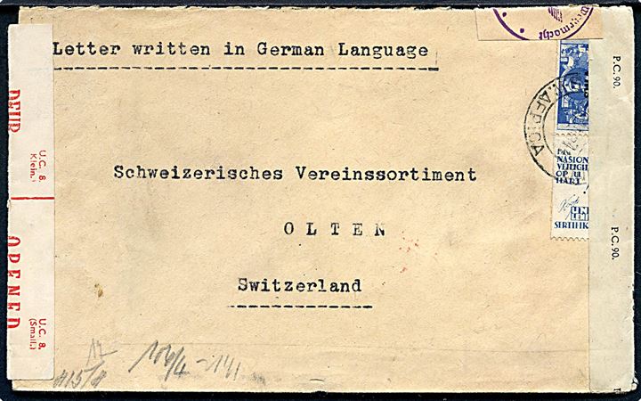 5d War Effort med vedhængende Union Loan reklame med overtryk S.W.A. på brev fra Swakopmund 1944 til Olten, Schweiz. Åbnet af sydafrikansk, britisk og tysk censur. 
