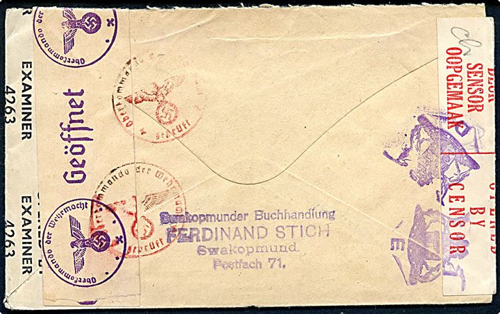 5d War Effort med vedhængende Union Loan reklame med overtryk S.W.A. på brev fra Swakopmund 1944 til Olten, Schweiz. Åbnet af sydafrikansk, britisk og tysk censur. 