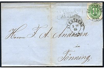 Schleswig-Holstein 1 1/4 Sch. stukken kant på brev annulleret Flensburg d. 5.10.1865 til Tönning. På bagsiden ank.stemplet Tönning Bahnhof d. 5.10.1865. Nusset med fold.