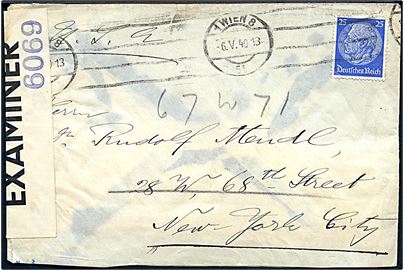 25 pfg. Hindenburg på brev fra Wien d. 6.5.1940 til New York, USA. Dobbelt censureret med både tysk censur og britisk INTERIM banderole med postemplet censor-nr. 6069.
