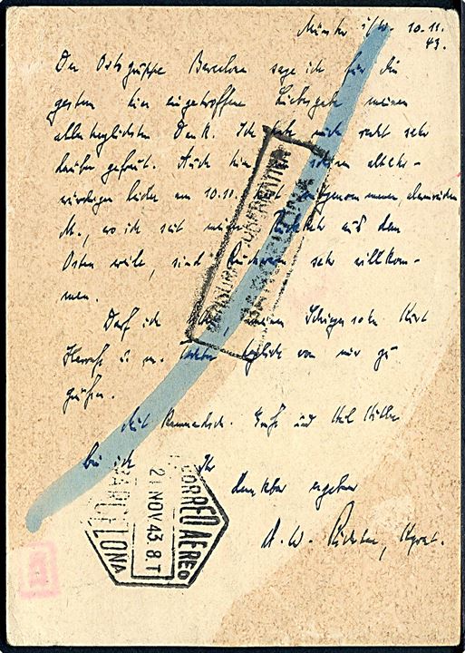 15 pfg. Hitler helsagsbrevkort opfrankeret med 12+8 pfg. Lübeck 800 år sendt som luftpost fra Münster d. 10.11.1943 til Ortsgruppe, N.S.D.A.P. - A.O. i Barcelona, Spanien - adresse tilføjet Tyske konsul af det spanske postvæsen. Tysk og spansk censur. Interessant brevkort til det tyske nazistpartis udlandsafdeling i Spanien.