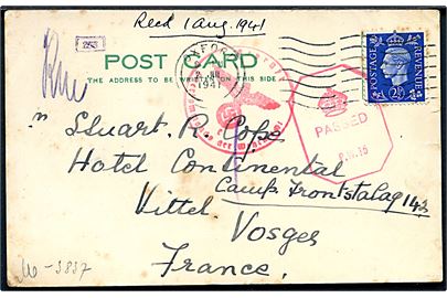 2½d George VI på krigsfangebrevkort fra Oxford d. 2.7.1941 til britisk civil interneret i Frontstalag 142 (= Besançon, Frankrig) - lejren lukkede i begyndelsen af 1941 og de internerede blev flyttet til Hotel Continental i Vittel, Vorges, som hed Frontstalag 121. Både britisk og tysk censur.