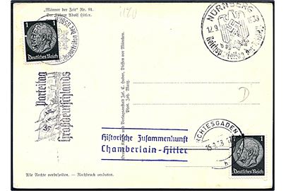 1 pfg. Hindenburg (2) på uadresseret propaganda postkort (Adolf Hitler) bl.a. stemplet Historische Zusammenkomst Chamberlain - Hitler.