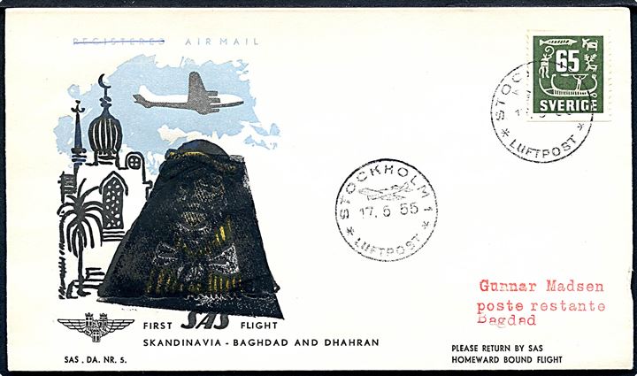 65 öre single på fortrykt SAS 1.-flyvningskuvert fra Stockholm d. 17.5.1955 til Baghdad, Iraq, Returneret med stort sort stempel. Usædvanlig svensk eksempel på den oversværtede araber flyvningskuvert.