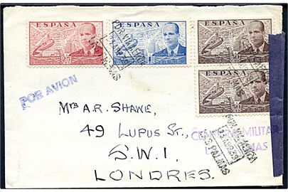 25 cts., 50 cts. (par) og 1 pta. Luftpost på luftpostbrev fra Las Palmas d. 23.4.1939 til London, England. Åbnet af lokal spansk censur i Las Palmas på de Kanariske øer.