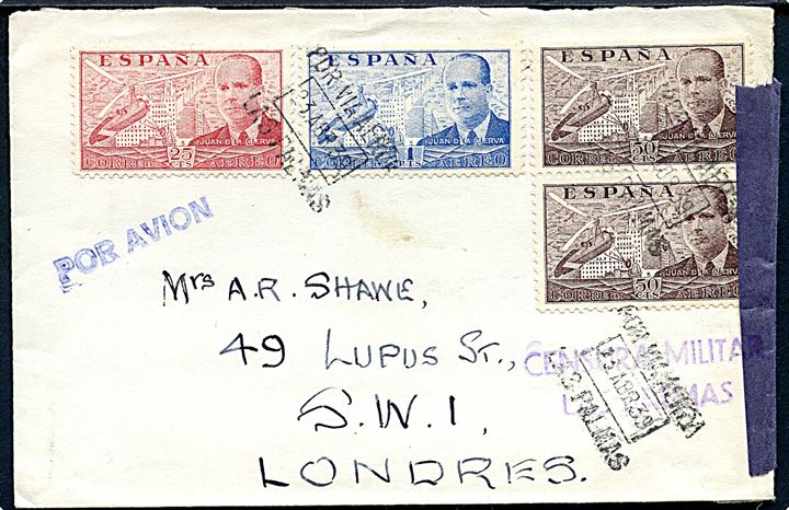 25 cts., 50 cts. (par) og 1 pta. Luftpost på luftpostbrev fra Las Palmas d. 23.4.1939 til London, England. Åbnet af lokal spansk censur i Las Palmas på de Kanariske øer.
