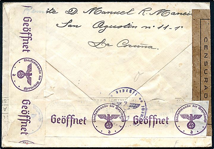 15 cts. Rytter (par) og 40 cts. Franco på brev fra Coruna d. 22.1.1941 til Berlin, Tyskland. Åbnet af lokal spansk censur i Coruna og tysk censur i München.