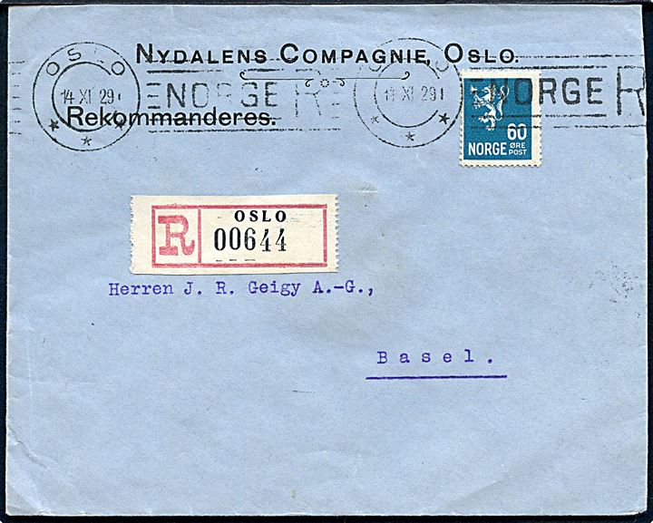60 øre Løve single på anbefalet brev annulleret med særligt maskinstempel Oslo / Norge R d. 14.11.1929 til Basel, Schweiz.