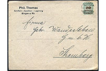 20 mia. mk. single på Vier-fach frankeret Infla brev fra Bingen d. 27.11.1923 til Stramberg. Korrekt porto 80.000.000.000 mk. (26.-30.12.1923) hvor frimærkerne blev solgt til 4-gange deres pålydende.