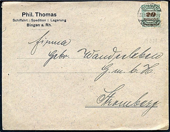 20 mia. mk. single på Vier-fach frankeret Infla brev fra Bingen d. 27.11.1923 til Stramberg. Korrekt porto 80.000.000.000 mk. (26.-30.12.1923) hvor frimærkerne blev solgt til 4-gange deres pålydende.