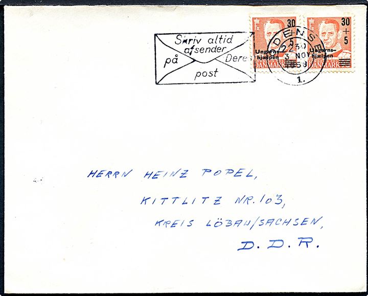 30+5/95 øre Ungarnshjælpen i parstykke på brev fra Odense d. 3.11.1958 til Kittlitz-Löbau, Østtyskland.