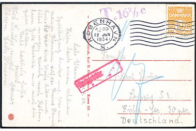 10 øre Bølgelinie på underfrankeret brevkort fra København d. 12.6.1934 til Leipzig, Tyskland. Violet portostempel: T. 16 2/3 c