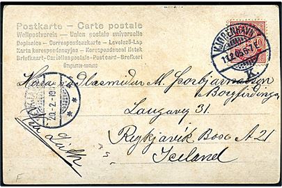 10 øre Våben på brevkort fra Kjøbenhavn d. 11.2.1905 til Reykjavik, Island. Påskrevet via Leith og ank.stemplet i Reykjavik d. 20.2.1905.