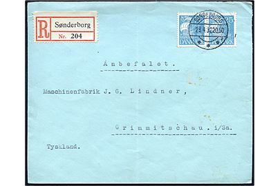 25 øre Karavel i parstykke på anbefalet brev fra Sønderborg d. 28.4.1932 til Grimmitschau, Tyskland.