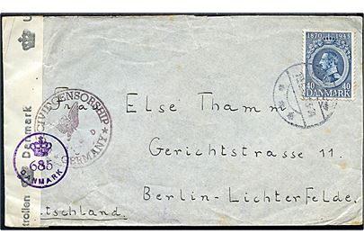 40 øre Chr. X 75 år på brev fra Klampenborg d. 19.6.1947 til Berlin, Tyskland. Dobbelt censureret med dansk efterkrigscensur (krone)/685/Danmark og amerikansk censur fra Berlin.