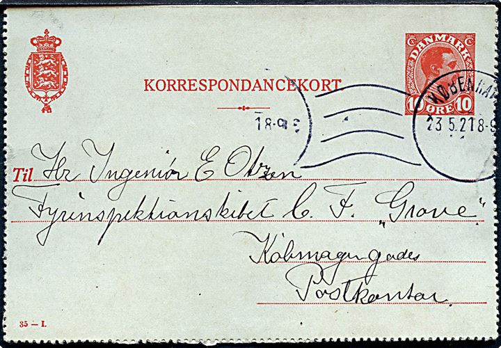 10 øre helsagskorrespondancekort fra Kjønbenhavn d. 23.5.1921 til Ingeniør E. Otzen ombord på Fyrinspektionsskibet C. F. Grove via marineadressen: Købmagergades Postkontor.