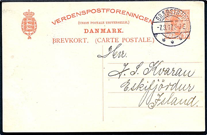 10 øre Chr. X helsagsbrevkort fra Brædstrup d. 7.3.1917 til Eskifjördur på Island. 