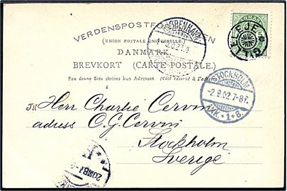 5 øre Våben på brevkort (Hilsen fra Gilleleje med Villa Alfa) annulleret med stjernestempel GILLELEJE og sidestemplet bureau Kjøbenhavn - Helsingør T.4 d. 1.9.1902 til Stockholm, Sverige.