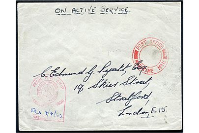 Ufrankeret OAS feltpostbrev fra sømand ombord på H.M.M.G.B. 50 c/o GPO London (HM Machine Gun Boat 50) dateret d. 3.5.1943 med stumt rødt stempelk Post Office Maritime Mail til London. Rød flådecensur.