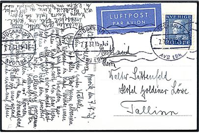 30 öre Gustaf single på luftpostkort fra Stockholm d. 7.7.1937 til Tallinn, Estland.
