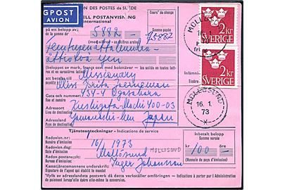 2 kr. Tre Kroner (2) på international postanvisning sendt som luftpost fra Mollösund d. 16.1.1973 til Japan.