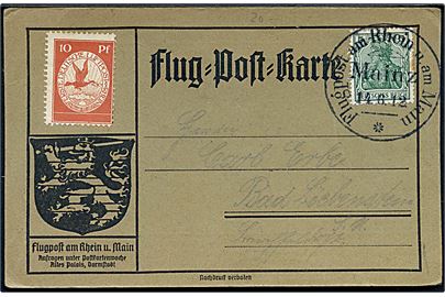 5 pfg. Germania annulleret Flugpost am Rhein u. am Main / Mainz d. 14.6.1912 og 10 pfg. Luftpostmærke (ustemplet) på officielt brevkort fra Mainz til Bad Löebenstein.