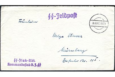Ufrankeret SS-feldpost brev med stumt stempel d. 26.8.1941 til Nürnberg. Fra SS-Flak-Abt. Kommandostab R.f.SS i Weimar Buchenwald.