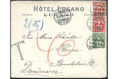 5 c., 10 c. Våben på underfrankeret 2. vægt kl. illustreret kuvert fra Hotel Lugano i Lugano d. 15.4.1900 til Rønne, Bornholm. Udtakseret i 40 øre dansk porto.
