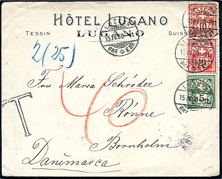 5 c., 10 c. Våben på underfrankeret 2. vægt kl. illustreret kuvert fra Hotel Lugano i Lugano d. 15.4.1900 til Rønne, Bornholm. Udtakseret i 40 øre dansk porto.