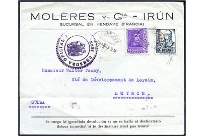 20 cts. og 50 cts. på brev fra Irun d. 13.3.1939 til Leysin, Schweiz. Lokal spansk censur.