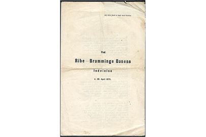 Ribe-Bramminge Banens Indvielse d. 30.4.1875. Sanghæfte med bl.a. lejlighedssang. Indklip i forside.