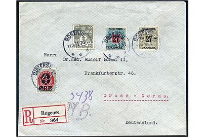 3 øre Bølgelinie, 4/8 øre, 27/1 øre og 27 øre/1 kr. Provisorium på anbefalet brev fra Bogense d. 11.11.1925 til Gross-Gerau, Tyskland.