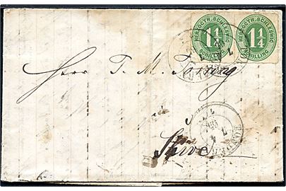 Herzogth. Schleswig 1 1/4 Sch. stukken kant i parstykke på brev annulleret med 2-ringsstempel Tondern d. 7.4.1865 via Ribe til Skive, Danmark.