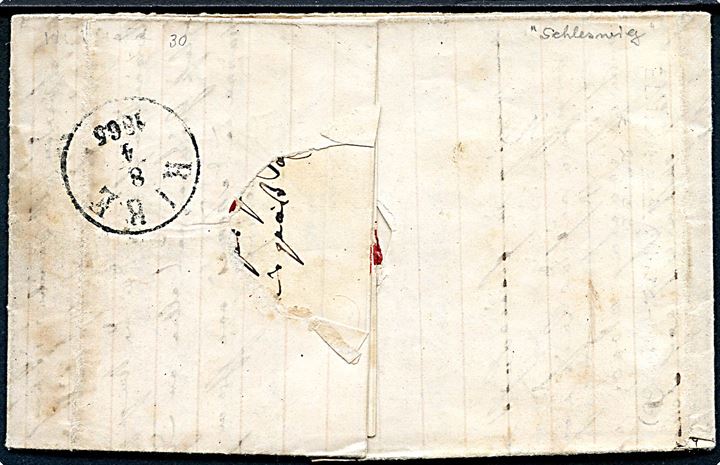 Herzogth. Schleswig 1 1/4 Sch. stukken kant i parstykke på brev annulleret med 2-ringsstempel Tondern d. 7.4.1865 via Ribe til Skive, Danmark.