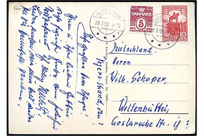 5 øre Bølgelinie og 30 øre 1000 års udg. på brevkort annulleret med brotype IIc Vejrs Strand sn1 d. 28.7.1958 til Wolfenbüttel, Tyskland. Sjældent stempel fra sommerpostekspedition.