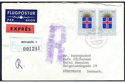 25 kr. Selvstændighed i parstykke på anbefalet luftpost ekspresbrev fra Reykjavik d. 19.8.1969 til København, Danmark.