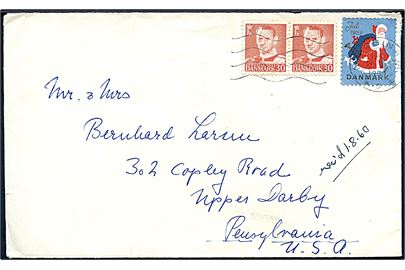 30 øre Fr. IX i parstykke og Julemærke 1959 på brev fra Nykøbing Mors d. 21.12.1959 til Upper Darby, USA.