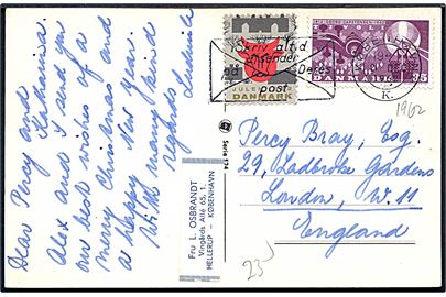 35 øre Tivoli og Julemærke 1962 på brevkort fra København d. 21.12.1962 til London, England.