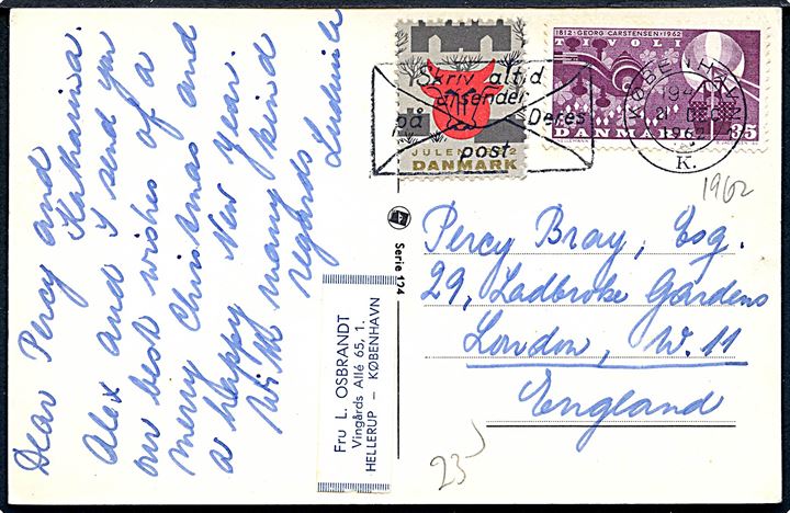 35 øre Tivoli og Julemærke 1962 på brevkort fra København d. 21.12.1962 til London, England.