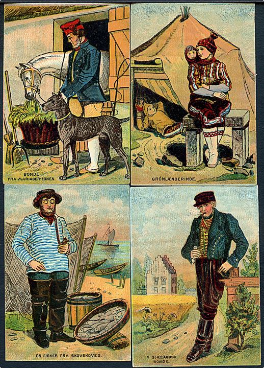 8 samlekort (7½x10½ cm) med gamle folkedragter; Grønlænderinde, hedebopige, bonde fra Ærø, kone fra Fanø, Amagerpige, fisker fra Skovshoved, nordsjællandsk bonde og bonde fra Mariager egnen.