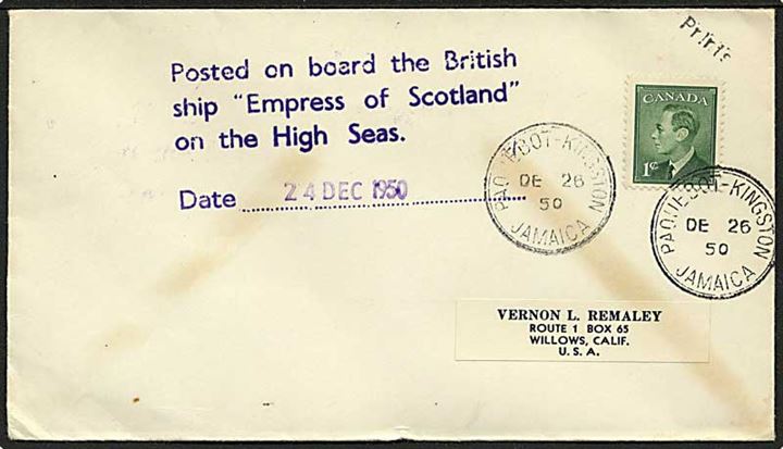1d George på skibsbrev stemplet Paquebot Kingston Jamaica d. 26.12.1950 til USA. Sendt frra Empress of Scotland.