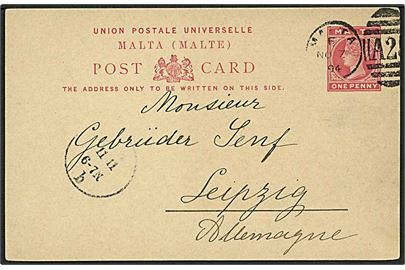 1d Victoria helsagsbrevkort stemplet Malta/A25 d. 7.11.1894 til Leipzig, Tyskland.