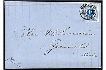 12 öre Ringtype på brev fra Stockholm d. 7.9.1872 via Christiania OMK. til Grimstad, Norge.
